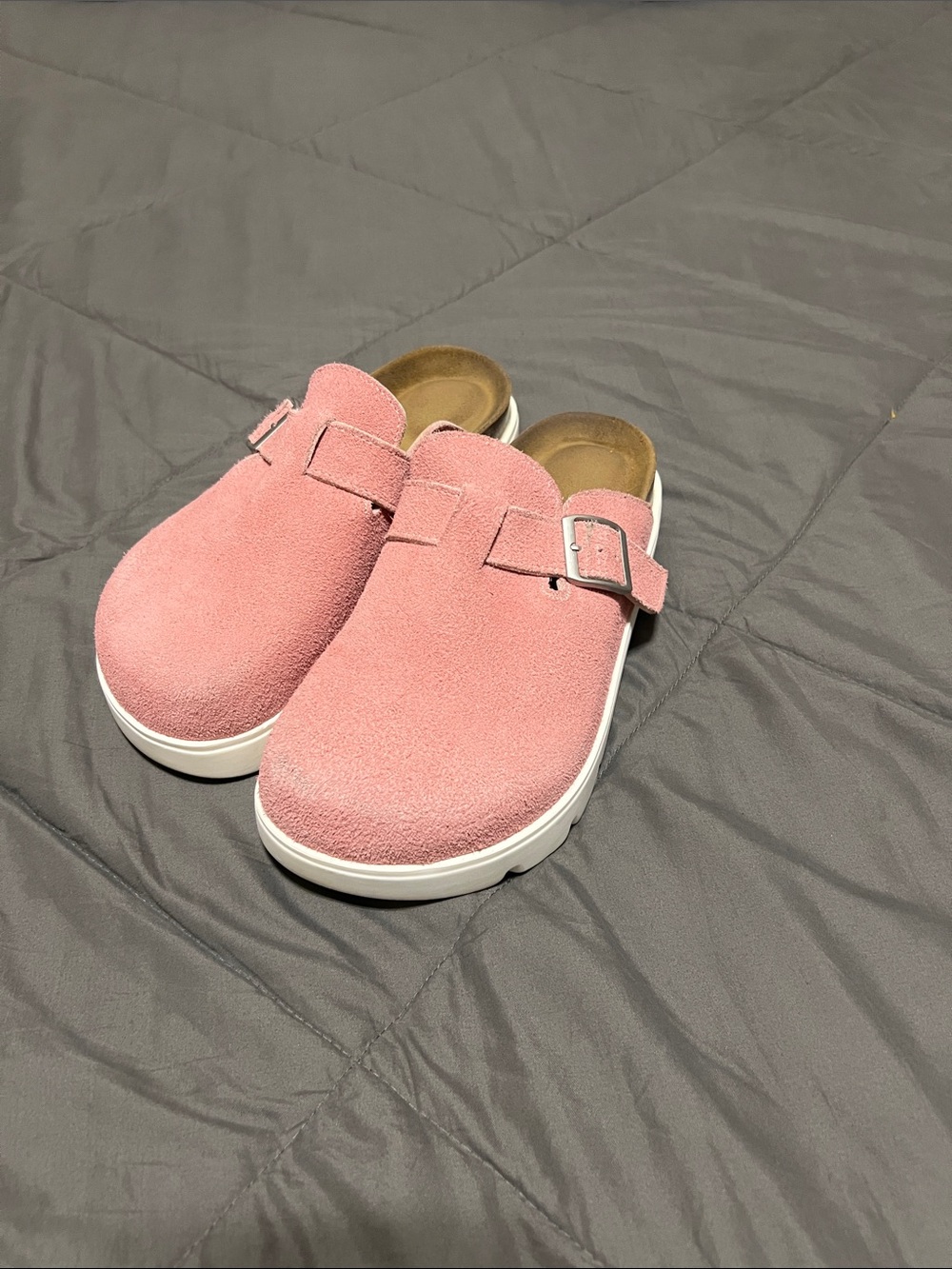Pink Suede Slip-On Clogs with Buckle
